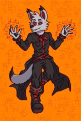  4_fingers anthro black_and_red black_pawpads black_tipped_ears boots canid canine canis cheek_tuft clothed clothing coat deta&#039;s_sagas detan eatryiues facial_tuft fingers footwear fully_clothed fur grey_body grey_fur head_tuft hi_res male mammal nails orange_background orange_eyes pawpads pockets red_sclera scarf simple_background solo superflatpsyche tailcoat telekinesis topwear tuft wolf 