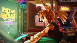  16:9 2021 3d_(artwork) accessory anthro arcade arcade_machine black_clothing black_shirt black_topwear blurred_background bottomwear breasts brown_body brown_fur brown_hair cheek_tuft clothed clothing digital_media_(artwork) domibun facial_tuft female fur grey_bottomwear grey_clothing grey_shorts hair hair_accessory hairband happy hi_res holly_zanzibar inside lagomorph leporid mammal medium_breasts motorcycle open_mouth ponytail rabbit shirt shorts sleeveless_shirt solo source_filmmaker_(artwork) topwear tuft vehicle warfare_holly warfare_machine widescreen yellow_eyes 