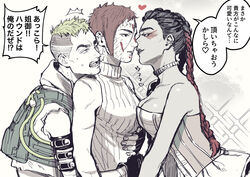  1boy 2girls androgynous apex_legends bisexual_female black_gloves black_hair bloodhound_(apex_legends) boy_and_girl_sandwich braid breasts brown_eyes cable choker cropped_vest daichi_midori eyeshadow facepaint fingerless_gloves genderswap_(otf) gloves green_hair green_vest hair_behind_ear hug hug_from_behind imminent_kiss jealous loba_(apex_legends) makeup medium_breasts multicolored_hair multiple_girls octane_(apex_legends) open_mouth parted_lips red_eyeshadow red_hair ribbed_sweater rule_63 sandwiched scar shirt short_hair sleeveless sleeveless_sweater speech_bubble strapless strapless_shirt sweatdrop sweater translation_request twin_braids two-tone_hair v-shaped_eyebrows very_short_hair vest 