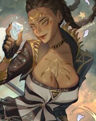  apex_legends artist_name astral_treasure_loba black_gloves black_jacket black_skirt braid breasts brown_eyes brown_hair chikitamako cleavage cropped cropped_jacket dark-skinned_female dark_skin diamond_(gemstone) female fingerless_gloves gem gloves gold_choker hair_behind_ear highres holding holding_gem holding_staff jacket loba_(apex_legends) looking_up medium_breasts miniskirt official_alternate_costume shirt skirt smile solo staff star_(symbol) strapless strapless_shirt striped_clothes striped_shirt twin_braids 