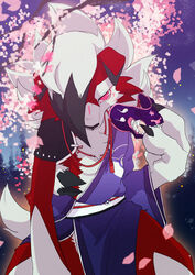  anthro ao_gravity asian_clothing canid canine cherry_blossom cherry_tree claws clothing east_asian_clothing finger_claws fruit_tree fur japanese_clothing kimono lycanroc mammal mask midnight_lycanroc nintendo noh_mask oni_mask plant pok&eacute;mon_(species) pokemon red_body red_eyes red_fur ringed_eyes shaded solo tree video_games white_body white_fur 