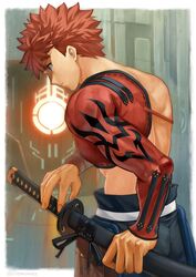  1boy absurdres drawing_sword emiya_shirou fate/grand_order fate_(series) fighting_stance highres holding holding_sheath holding_sword holding_weapon japanese_clothes katana kurigata male_focus moto_(otemoto02) orange_hair parody pectorals ready_to_draw revealing_clothes sageo saya_(scabbard) senji_muramasa_(fate) sheath solo style_parody sword takeuchi_takashi_(style) toned toned_male topless_male unsheathing weapon yellow_eyes 