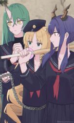  3girls alternate_costume animal_ears arknights black_serafuku blonde_hair blue_hair bokken ch&#039;en_(arknights) chains delinquent dragon_horns drill_hair green_hair highres horns hoshiguma_(arknights) long_hair multiple_girls scar scar_on_cheek scar_on_face school_uniform serafuku single_horn skin-covered_horns suika_aji swire_(arknights) sword tiger_ears twin_drills twintails weapon wooden_sword 