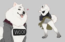  anthro blep breasts canid canine canis clothing curled_tail domestic_dog english_text female female_anthro fur heart_symbol hi_res mammal neck_tuft nordic_sled_dog poisewritik samoyed shirt simple_background solo spitz standing tail text text_on_clothing text_on_shirt text_on_topwear tongue tongue_out topwear tuft vilka white_body white_fur 