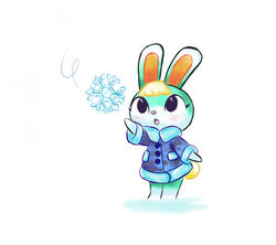  2022 animal_crossing anthro biped black_eyes blonde_hair blue_clothing blue_coat blue_topwear blush clothing coat daww digital_drawing_(artwork) digital_media_(artwork) green_body hair lagomorph leporid looking_up male mammal multicolored_body naivintage nintendo open_mouth rabbit raised_arm sasha_(animal_crossing) snow snowflake solo standing topwear two_tone_body white_back winter winter_coat 