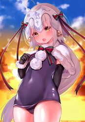  absurdres ahoge black_gloves blush bow breasts capelet covered_navel elbow_gloves embarrassed fate/grand_order fate_(series) female fur-trimmed_capelet fur_trim gloves green_bow green_ribbons headpiece highres jeanne_d&#039;arc_alter_santa_lily_(fate) jeanne_d&#039;arc_alter_santa_lily_(summer_little)_(fate) long_hair looking_at_viewer navel ribbon school_swimsuit small_breasts solo suzuho_hotaru swimsuit white_capelet white_hair yellow_eyes 