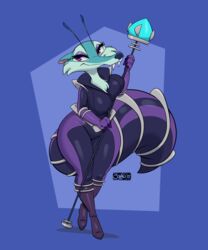  2022 5:6 absurd_res alien antennae_(anatomy) anthro blue_body blue_fur blue_sky_studios breast_squish breasts clothing countershading curvy_figure eyelashes eyeshadow fangs female fur geometric_background green_body green_fur hi_res hourglass_figure huge_hips ice_age_(series) joaoppereiraus long_tail makeup mammal pupils purple_eyes purple_eyeshadow rodent saber-toothed_squirrel sabertooth_(anatomy) scratazon scratazon_leader signature simple_background skinsuit smile solo spacesuit squish staff tail teeth thick_thighs tight_clothing voluptuous wide_hips 