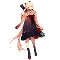  arm_up ask_(askzy) black_gloves blonde_hair boots bow choker closed_mouth cross-laced_footwear female floral_print full_body girls&#039;_frontline gloves hair_over_shoulder hairbow hakama hakama_short_skirt hakama_skirt half_gloves head_tilt high-waist_skirt japanese_clothes kinchaku lace-up_boots long_hair low_ponytail meiji_schoolgirl_uniform official_alternate_costume official_art orange_eyes ots-14_(flurry_of_petals)_(girls&#039;_frontline) ots-14_(girls&#039;_frontline) pink_hair pouch skirt solo standing transparent_background very_long_hair wide_sleeves yellow_eyes 