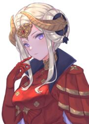  armor bad_id bad_twitter_id blonde_hair blue_eyes cape crown edelgard_von_hresvelg female fire_emblem fire_emblem:_three_houses gloves hair_ornament horns hoshido1214 jewelry long_hair looking_at_viewer red_cape simple_background solo white_background 