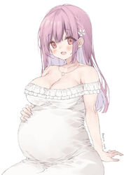  arm_support big_belly blush breasts commentary dress empty_eyes female flower frilled_dress frills hair_flower hair_ornament hand_on_own_stomach highres hinako_note jewelry large_breasts long_hair march-bunny necklace open_mouth pink_eyes pink_hair pregnant sakuragi_hinako sitting smile solo straight_hair twitter_username white_dress white_flower 