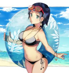  aisutabetao beach bikini black_hair blue_innertube blue_sky breasts cloud collarbone commentary cowboy_shot day earrings eyewear_on_head female green_eyes innertube jewelry lips looking_at_viewer medium_breasts navel necklace original outdoors red-framed_eyewear short_hair side-tie_bikini_bottom sky solo sunglasses swim_ring swimsuit 