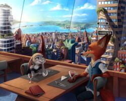  2021 5:4 amazing_background amazing_detail anthro beverage bridge building canid canine chair city claws clothing cloud collaboration container cup danteslunte date day detailed detailed_background digital_media_(artwork) digital_painting_(artwork) disney drinking_glass duo english_text eye_contact female fox fur furniture glass glass_container glass_cup green_eyes hi_res inside judy_hopps kitchen_utensils lagomorph landscape leporid long_ears looking_at_another male mammal nick_wilde open_mouth open_smile purple_eyes rabbit red_fox romantic romantic_ambiance s1m scenery scenery_porn scenic_view sitting skyscraper smile table text tools tower true_fox water window wine_glass zootopia 