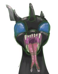  arthropod black_body blue_eyes bodily_fluids changeling evening_breeze exoskeleton facial_scar feral forked_tongue friendship_is_magic gyrotech hasbro hi_res male mouth_shot my_little_pony open_mouth saliva scar solo tongue tongue_out 