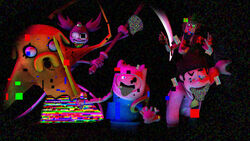  16:9 3d_(artwork) adult_swim adventure_time alien anthro black_background canid canine canis cartoon_network clothed clothing come_and_learn_with_pibby corruption digital_media_(artwork) female feral finn_the_human fur gem_(species) glitch group hair hanna-barbera hi_res human humanoid irondragon5150 jake_the_dog male mammal melee_weapon no_pupils not_furry_focus polearm purple_hair scooby-doo_(series) scythe shaggy_rogers simple_background source_filmmaker_(artwork) spinel_(steven_universe) steven_quartz_universe steven_universe sword teeth twintails weapon widescreen 