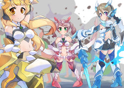  3girls aiai_(jsm) andou_kuriyo bare_shoulders black_shorts blonde_hair breasts brown_hair headgear headphones highres holding holding_sword holding_weapon itaba_yumi light_brown_hair long_hair mechvaranus medium_breasts medium_hair multiple_girls navel senki_zesshou_symphogear senki_zesshou_symphogear_xd_unlimited shorts sword terashima_shiori twintails weapon 