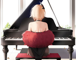  ass azur_lane bare_shoulders bench black_dress black_pantyhose blonde_hair blurry blurry_background commentary dress feather_boa female from_behind grand_piano hair_ornament highres instrument multicolored_hair music official_alternate_costume pantyhose piano plant playing_instrument playing_piano potted_plant qing_wu red_hair roon_(azur_lane) roon_(viridescent_lullaby)_(azur_lane) short_hair shoulder_blades sitting solo strapless strapless_dress streaked_hair tile_floor tiles 