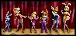  absurd_res activision anthro archie_comics bianca_(spyro) big_breasts black_border border bow_(feature) bow_in_front bow_tie breasts buckteeth bunnie_rabbot bunny_costume carrot_(one_piece) cleavage clothed clothing contest costume crossover cybernetics cyborg disney dragon_ball dragon_ball_super female footwear front_view group hand_behind_head hat headgear headwear hi_res high_heels jacket jacket_over_leotard judy_hopps lagomorph legwear leotard leporid lineup lola_bunny looney_tunes machine mammal on_stage one_piece playboy_bunny rabbit sega shirt_cuffs sonic_the_hedgehog_(archie) sonic_the_hedgehog_(comics) sonic_the_hedgehog_(series) sorrel spiderweber spotlight spyro_the_dragon stage standing strapless_clothing strapless_leotard teeth tights topwear wand warner_brothers zootopia 