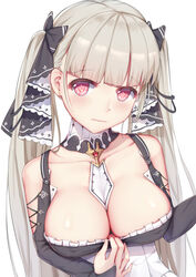  absurdres azur_lane bangs bare_shoulders between_breasts black_dress breasts bridal_gauntlets cleavage collarbone detached_collar dress earrings eyebrows_visible_through_hair female flight_deck formidable_(azur_lane) frilled_dress frills gei_daipf grey_hair hair_ribbon hand_between_breasts head_tilt highres jewelry large_breasts long_hair neckwear_between_breasts red_eyes ribbon simple_background solo stud_earrings twintails two-tone_dress two-tone_ribbon upper_body very_long_hair wavy_mouth white_background 