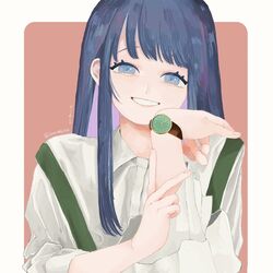  blue_eyes blue_hair collared_shirt female highres jastaway long_hair long_sleeves looking_at_viewer maven original parted_lips shirt signature smile solo upper_body watch white_shirt wristwatch 