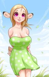  2019 animal_humanoid big_breasts blonde_hair breasts cleavage clothed clothing cloud deer dress eyelashes female freckles grass green_clothing green_dress hair hi_res humanoid lips loimu loimu_(character) mammal outside pink_eyes plant polka_dot_clothing scut_tail short_tail smile solo strapless_clothing strapless_dress tail text wind 