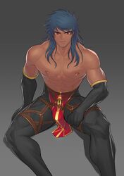  1boy abs bara bare_shoulders blue_hair bulge commentary_request dark_blue_hair dark_skin detached_sleeves earrings fate/grand_order fate_(series) gradient_background greco-roman_clothes highres hunterkay jewelry large_pectorals long_hair looking_at_viewer male_focus muscular muscular_male nipple_piercing pants pectorals pelvic_curtain piercing red_eyes roman_clothes romulus_quirinus_(fate) solo tight_clothes tight_pants topless_male 