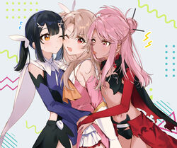  3girls black_hair blush brown_eyes chloe_von_einzbern commentary dark-skinned_female dark_skin dress_shirt fate/kaleid_liner_prisma_illya fate_(series) girl_sandwich gloves group_hug hair_ornament hairclip highres hug hug_from_behind illyasviel_von_einzbern licking licking_another&#039;s_face light_brown_hair magical_girl medium_hair miyu_edelfelt multiple_girls pink_eyes pink_hair prisma_illya red_eyes rizu033 sandwiched shirt showgirl_skirt symbol-only_commentary twintails waist_cape waist_hug white_gloves x_hair_ornament yuri 