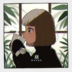  bad_id bad_twitter_id blush bob_cut brown_hair chromatic_aberration cup female kisaragi_yuu_(fallen_sky) leaf long_sleeves maven mug original plant profile short_hair signature solo upper_body watch window wristwatch 