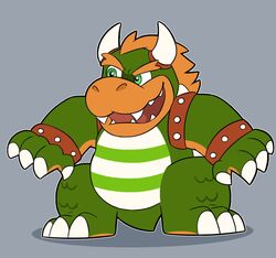  2020 2_horns anthro belly biped bowser fangs green_body green_eyes horn king_koopa koopa mario_bros nintendo overweight overweight_anthro scalie simple_background solo teeth thepandobo 