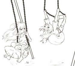  2021 action_pose aniko_rose anthro aogami calico_cat canid canine canis clothed clothing domestic_cat domestic_dog dress duo felid feline felis female fur greyscale hair hi_res looking_back mammal monochrome mottled piebald pose selene_blackcat swinging swings swingset 