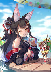  animal_ear_fluff animal_ears bare_shoulders bikini black_hair blue_sky blush breasts cleavage collarbone day female fingers_together food glint gradient_hair grin hair_ornament hairclip highres hololive ice_cream jacket large_breasts long_hair looking_at_viewer multicolored_hair oerba_yun_fang off_shoulder one_eye_closed ookami_mio ookami_mio_(hololive_summer_2019) outdoors ponytail red_hair sitting sky smile solo sundae swimsuit table tail virtual_youtuber white_hair wolf_ears wolf_girl wolf_tail yellow_eyes yuxian_youka 