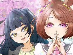  2girls akeishi_tsubaki animal_ears black_hair brown_hair commentary copyright_name highres horse_ears horse_girl kiwi_dori multiple_girls purple_eyes sakura_laurel_(umamusume) umamusume umamusume:_star_blossom upper_body yellow_eyes 