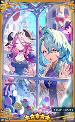  +_+ 2girls balloon bare_shoulders black_choker blue_dress blue_hair blush bracelet bukurote cake candy card_(medium) chocolate_cake choker closed_eyes day dragalia_lost dragon_girl dragon_horns dress food highres horns humanoid_mercury_(dragalia_lost) jewelry light_blue_hair long_hair long_sleeves looking_to_the_side multiple_girls mym_(dragalia_lost) official_art open_mouth pink_hair red_eyes short_sleeves smile tiara wavy_hair 