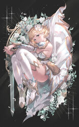  bad_id bad_pixiv_id blonde_hair breasts brown_eyes cleavage detached_sleeves djeeta_(granblue_fantasy) female flower glorybringer_(granblue_fantasy) granblue_fantasy hair_flower hair_ornament highres medium_breasts milli_little own_hands_together rose solo sword thighhighs thighs weapon white_flower white_rose 