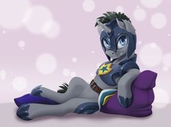  2017 armor arthropod ashley-arctic-fox blue_eyes bottomless changeling clothed clothing equid equine evening_breeze fan_character feral friendship_is_magic hasbro hi_res horn horseshoe looking_at_viewer lying male mammal my_little_pony mythological_creature mythological_equine mythology pillow pinup pose quadruped reclining royal_guard_(mlp) smile solo teeth unicorn 