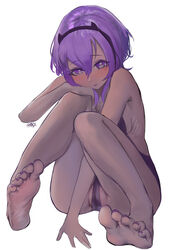  absurdres barefoot blush cameltoe dark-skinned_female dark_skin fate/grand_order fate_(series) feet female hair_between_eyes hairband hassan_of_serenity_(fate) highres legs looking_at_viewer nail_polish purple_eyes purple_hair rs2aky short_hair simple_background sitting soles solo toenail_polish toenails toes white_background 