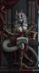  2020 big_breasts breasts detailed_background digital_media_(artwork) eyebrow_piercing facial_piercing feet female fingers grey_hair hair hi_res horn lip_piercing piercing raventenebris scales solo toes 