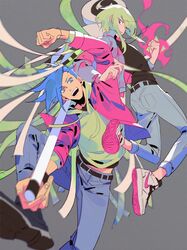  2boys belt blue_eyes blue_hair casual chenalii clenched_hand commentary_request denim fire fist_pump galo_thymos highres hood hoodie jacket jeans lio_fotia locked_arms looking_at_viewer male_focus matoi multiple_boys open_mouth pants promare purple_eyes shoes short_hair smile sneakers spiked_hair 