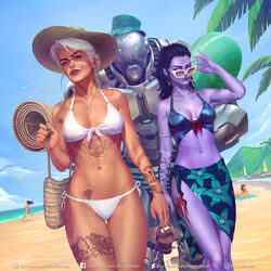  1boy 4girls adjusting_eyewear arm_tattoo armlet armpits ashe_(overwatch) bag beach bikini black_hair blue_bikini blue_sky bob_(overwatch) breasts brigitte_(overwatch) carrying colored_skin cote_d&#039;azur_widowmaker d.va_(overwatch) day earrings english_commentary front-tie_bikini_top front-tie_top green_eyes handbag hat highres hoop_earrings humanoid_robot jewelry krystopher_decker leg_tattoo lips looking_over_eyewear male_swimwear mature_female medium_breasts mismatched_eyebrows mole mole_above_mouth mole_on_body multiple_girls navel navel_piercing nose ocean official_alternate_costume omnic outdoors overwatch overwatch_1 photoshop_(medium) piercing pubic_tattoo purple_lips purple_skin realistic red_eyes robot running sandals sarong side-tie_bikini_bottom sky small_breasts stomach_tattoo striped striped_male_swimwear summer sun_hat sunglasses swim_briefs swimsuit tan tattoo thick_eyebrows thigh_gap tinted_eyewear toned unworn_sandals walking white-framed_eyewear white_bikini white_hair widowmaker_(overwatch) yellow-tinted_eyewear 