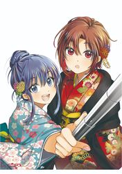  2girls :o alternate_costume blue_eyes blue_hair brown_hair commentary_request hair_bun hg_ni_koisuru_futari highres japanese_clothes kanzaki_sayaka_(hg_ni_koisuru_futari) kimono kudou_makoto looking_up multiple_girls official_art open_mouth red_eyes selfie selfie_stick single_hair_bun takamiya_sora 