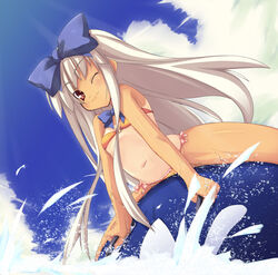  3.1-tan bikini cloud day dutch_angle female flat_chest long_hair one-piece_tan one_eye_closed os-tan photoshop_(medium) shimakaze_(soundz_of_bell) sky solo straddling swimsuit tan tanlines 