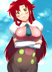  aged_up alternate_hairstyle blush breasts crossed_arms curvy day female glasses hair_down large_breasts long_hair necktie pencil_skirt red_hair seki_suzume skirt sky solo teacher tengen_toppa_gurren_lagann yellow_eyes yoko_littner yomako 