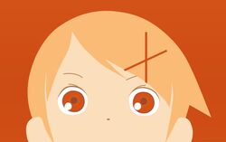  dot_nose ears_visible_through_hair female flat_color fuura_kafuka hair_ornament highres looking_at_viewer no_mouth orange_background orange_hair red_eyes sayonara_zetsubou_sensei short_hair simple_background solo vector_art vector_trace wide-eyed x_hair_ornament 