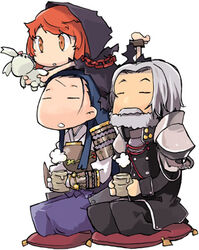  2boys =_= armor barefoot beard blue_hair breath buttons chains cloak cuffs cup drink facial_hair female gloves goatee grey_hair hakama hakama_skirt hashimoto_shin holding hood japanese_clothes kimono long_hair lowres multiple_boys orange_eyes outstretched_arms photoshop_(medium) pillow purple_hakama red_hair ren_(sekaiju) rope seiza sekaiju_no_meikyuu sekaiju_no_meikyuu_1 short_hair sidelocks simple_background sitting skirt stuffed_animal stuffed_rabbit stuffed_toy swept_bangs tlachtga torn_clothes visil_(sekaiju) 