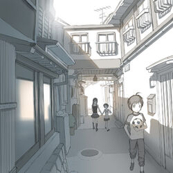  1boy 2girls aerial ahoge ball building manhole manhole_cover multiple_girls muted_color original road soccer soccer_ball street telstar uni_(plastic_girl) vanishing_point window 