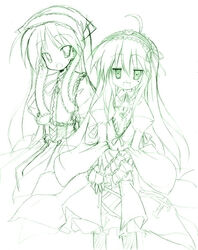  2girls cosplay green_theme hiiragi_kagami izumi_konata lucky_star mole mole_under_eye monochrome multiple_girls rozen_maiden sen_(astronomy) suigintou suigintou_(cosplay) suiseiseki suiseiseki_(cosplay) 