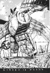  aircraft airplane android bird broken crow female greyscale highres miura_yasuto monochrome solo steampunk translated vehicle_focus 