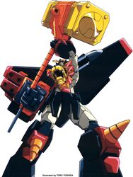  absurdres artist_name bad_perspective feet_out_of_frame full_body gaogaigar goldion_hammer highres holding holding_weapon mallet mecha no_humans photoshop_(medium) robot simple_background weapon white_background yoshida_tooru yuusha_ou_gaogaigar yuusha_series 