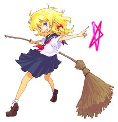  alternate_costume blonde_hair blue_eyes bow braid broom female grin hairbow holding holding_broom kirisame_marisa looking_at_viewer no_headwear oekaki pointing red_bow roku_(warrock) school_uniform serafuku single_braid smile solo star_(symbol) touhou 