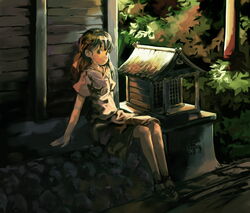  arm_support brown_eyes brown_hair bush female long_hair looking_at_viewer myu_(neorosi) original pole shirt shoes sitting skirt smile solo swastika wooden_wall 