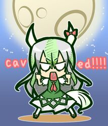  bad_source caved_(touhou) chibi chibi_only english_text ex-keine female green_hair horn_ornament horn_ribbon horns kamishirasawa_keine long_hair no_nose open_mouth ribbon solo text_in_mouth touhou yukiduki 